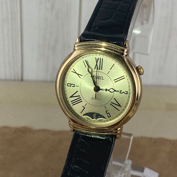 Vintage Rare Very Early Fossil MOON PHASE Gold and Stainless Steel Watch - Picture 2 of 10